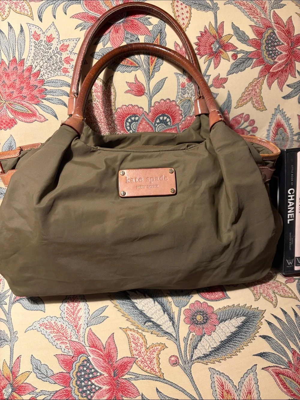 kate spade Olive Green Nylon Shoulder Bag with Tan Leather Trim